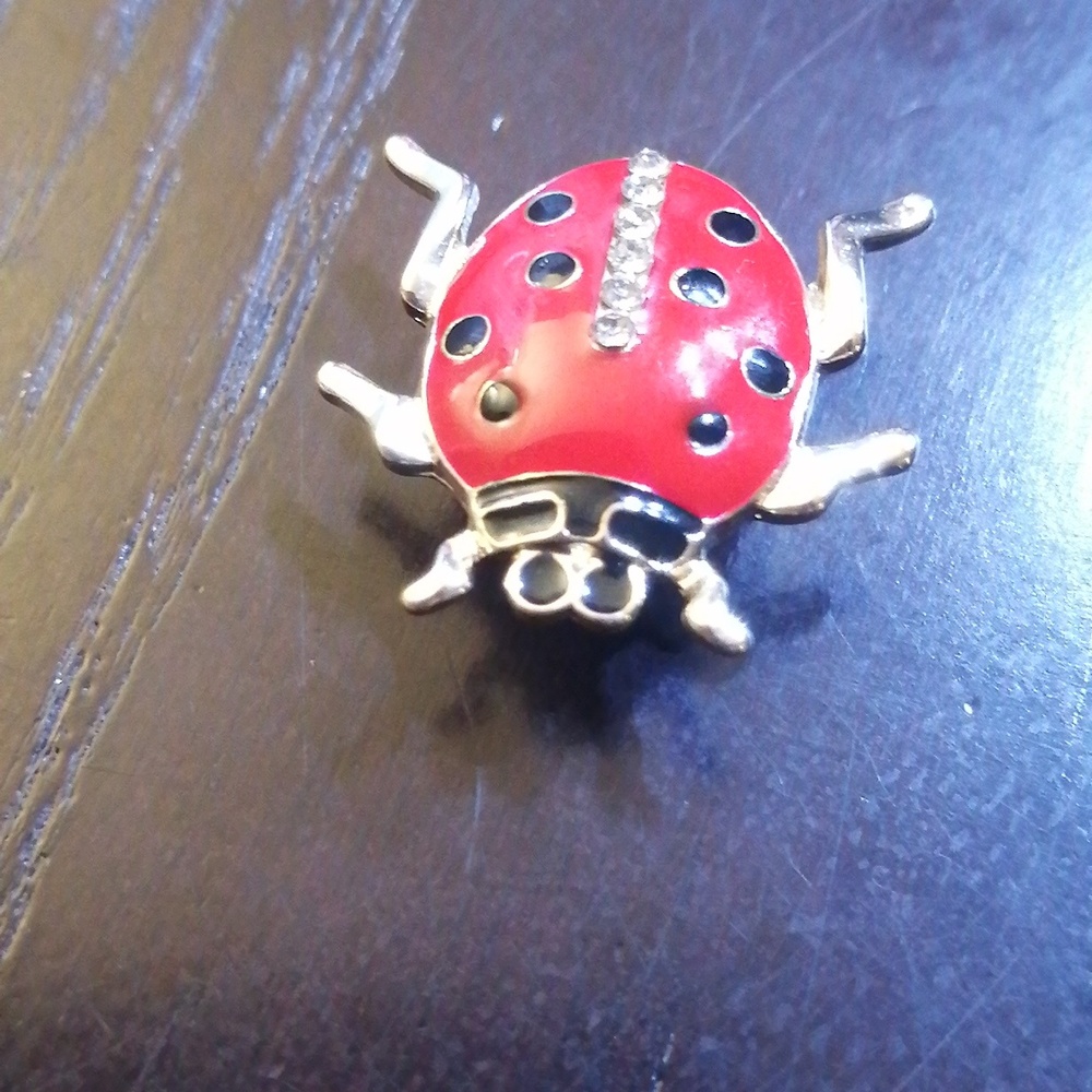 Red Black Enamel Sparkling Crystals Gold Tone Ladybug Button Top